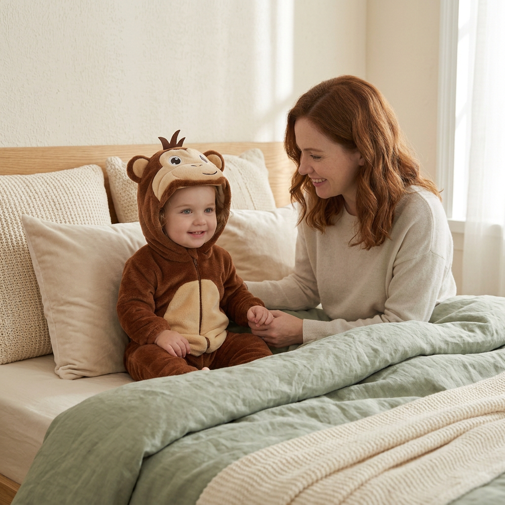 Pyjama singe avec maman dans une ambiance douillette