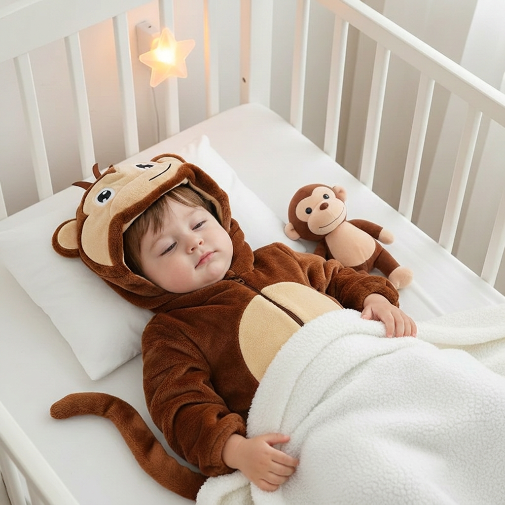 Pyjama singe dans le lit avec un nouveau visage