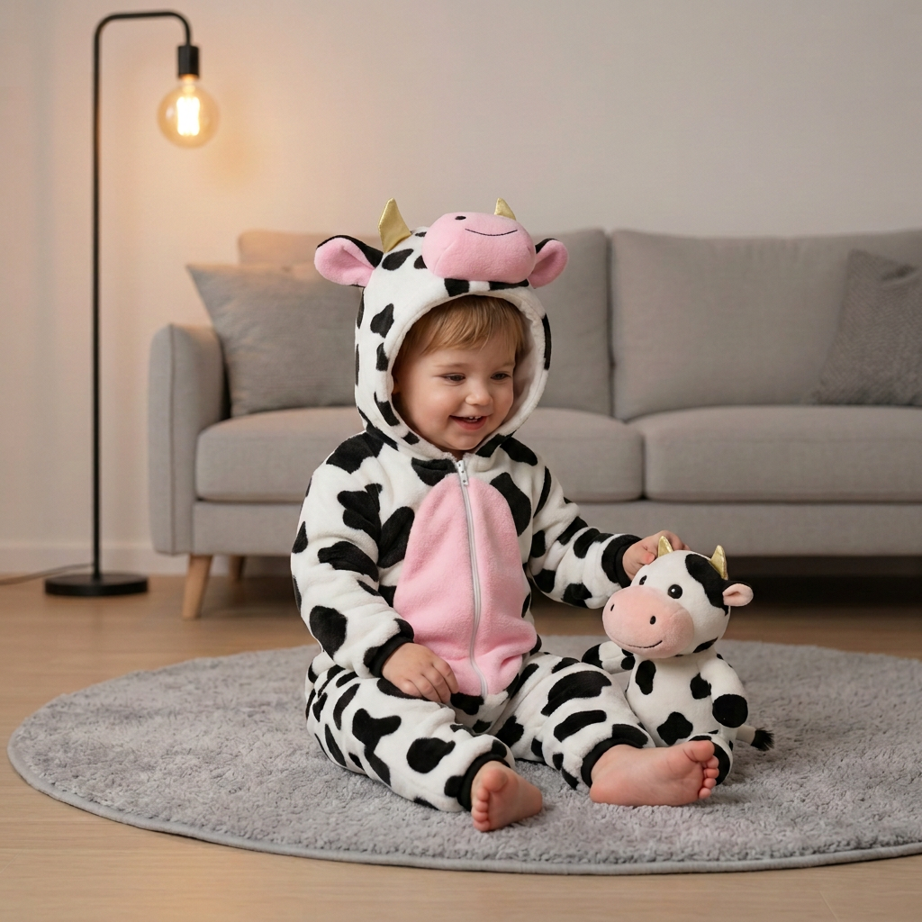 Vache jouant avec sa peluche avec petites pointes dorées