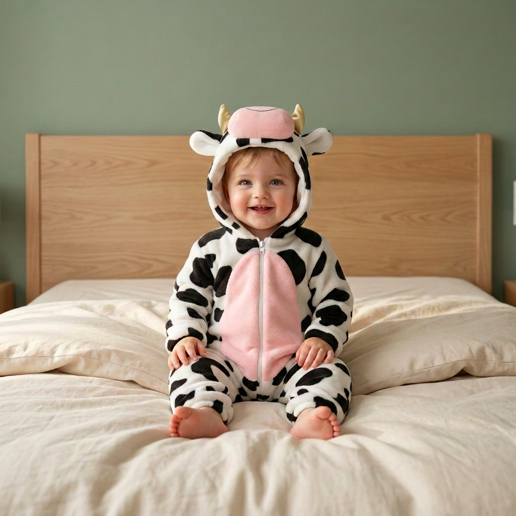 Vache sur le lit sans oreillers avec petites pointes dorées